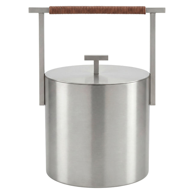 Blomus Aska open haard accessoires van mat rvs - rond asemmer met deksel en bruin leren handvat - 68053
