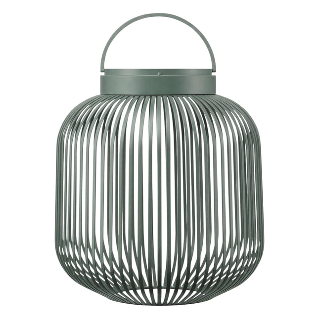 Middelgrote groene lantaarn met oplaadbare led lamp van Blomus Lito met moderne uitstraling en verticale lijnen