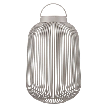 Grote grijze lantaarn met oplaadbare led lamp van Blomus Lito met moderne uitstraling en verticale lijnen