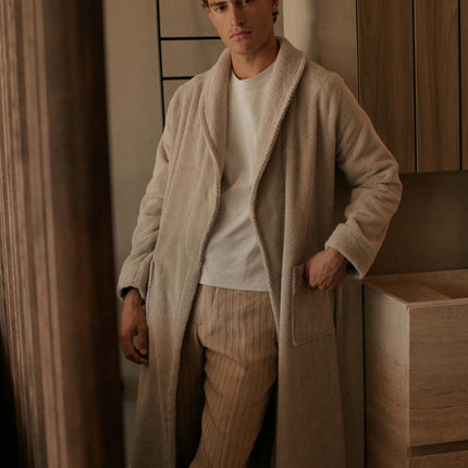 Vandyck Hudson katoenen badjas in beige Stone kleur met sjaalkraag en ceintuur voor mannen en vrouwen